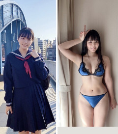 【画像】巨胸JK「制服の時と水着のとき比べてみた！w」→結果ｗｗｗｗｗｗｗｗｗ