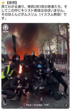 フランスのデモ。炎を背景にポーズを取って記念撮影する暴徒たち【動画】