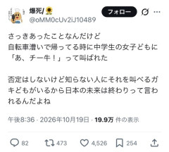 【悲報】X民「女子中学生どもに『あ、チー牛！！』って叫ばれた。日本は終わり」