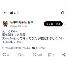 中川翔子「電気消した部屋帰ってきたら電気付いてるなにこわい」