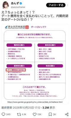 【悲報】内閣府さん、デート代払わない女はデートDVだと発表してしまう （※画像あり）