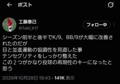 広島東洋カープの工藤泰己さん、なんだかクレバーなポストをする