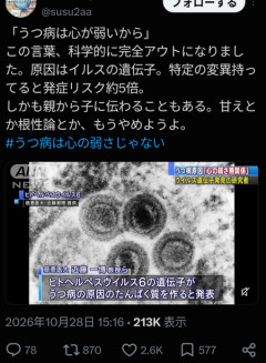 【悲報】うつ病　ウイルス由来だった