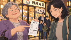 【呆れ】回転寿司で1.5万円奢った義母、店を出た瞬間にレシート見せて孫に感謝を強要…嫁「最初から自分で払いたい」